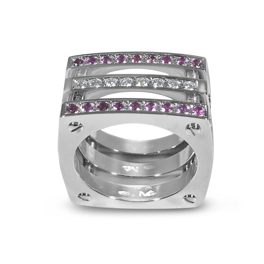 Matthia's & Claire Cube Collection Triple Cube Ring WG with Pink Sapphires and Diamonds