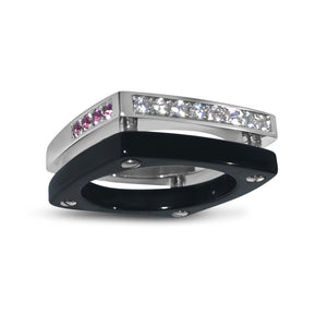 Matthia's & Claire Cube Collection Double Cube Ring Black and WG with White Diamonds and Pink Sapphires