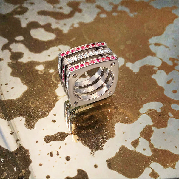Matthia's & Claire Cube Collection Triple Cube Ring WG with Pink Sapphires and Diamonds