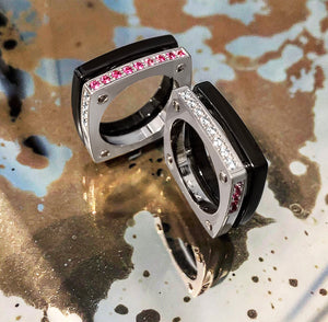 Matthia's & Claire Cube Collection Double Cube Ring Black and WG with White Diamonds and Pink Sapphires